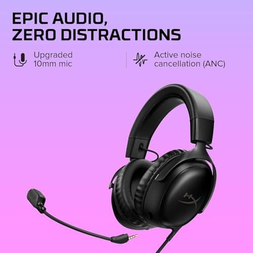 HyperX Cloud III – Casque de Gaming Filaire, PC, PS5, Xbox Series X|S, DTS, Mousse à mémoire de Forme, Microphone au Son cristallin de 10 mm, avec Suppression du Bruit, USB-C, USB-A, 3.5mm – Noir