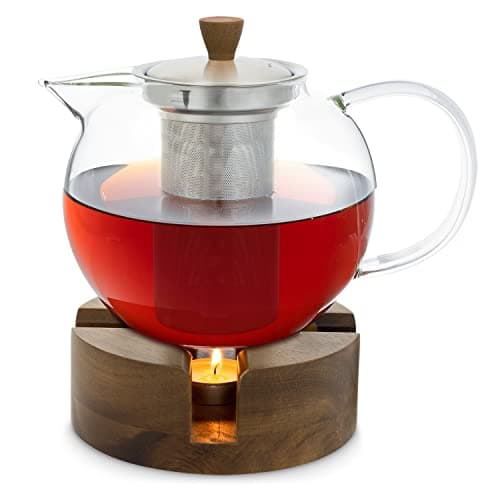 GLASWERK théière en verre avec chauffe-théière - (1,3L) Théière avec infuseur thé infuseur thé inox élégante poignée en bois, avec passoire en acier inoxydable, théière en verre avec infuseur