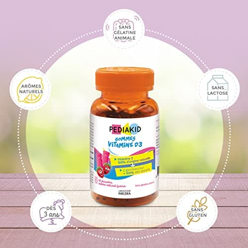 PEDIAKID - Gommes Vitamine D3 - Renforcement des défenses naturelles - Dès 3 ans - Couvre 100% des apports journaliers recommandés - 60 gommes