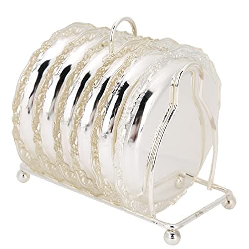 Tomotato 6 Pièces Dessous de Verre, 10cm sous-Verre Ronde en Métal Rétro de Style Européen avec Support, Tapis de Tasse Antidérapants pour Mariage, Dîners, Restaurant, Hôtel(Argent)
