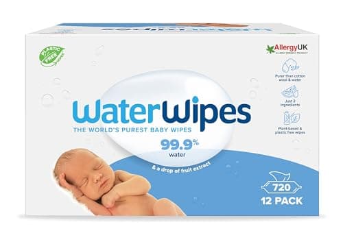 WaterWipes Lingettes Bébés Originales Exemptes De Plastique, 720 Unités (12 Paquets), Lingettes à Base d'Eau à 99,9 %, Non Parfumées pour les Peaux Sensibles