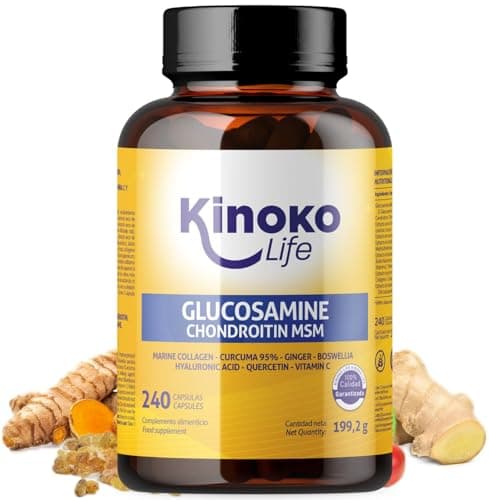 Glucosamine et Chondroïtine 240 gélules avec MSM, collagène marin, acide hyaluronique, curcuma, poivre noir, gingembre, boswellia et quercétine pour articulations, cartilage, os