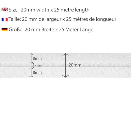 Les Petits Rubans Biais de Couture – 20 mm de large,plié 10 mm,rouleau de 25 m,50% coton 50% polyester,bordure pour couture,banderoles,tissus d'ameublement,meubles,passepoils,vêtements,couvertures