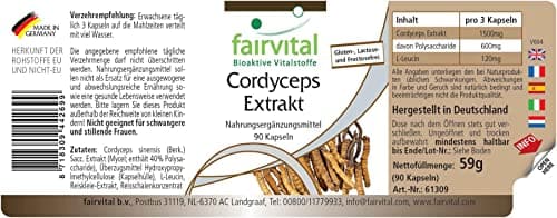 Fairvital | Cordyceps extrait 500mg Fortement dosé - 90 capsules - Cordyceps Sinensis - standardisé à 40% polysaccharides
