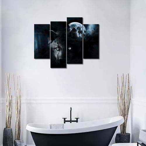 4 Panneau Noir Loup Et Plein Lune Peinture Murale d'art l'image imprimée sur Toile Animal Photos d'œuvres d'art pour Le Bureau à Domicile Décoration Moderne