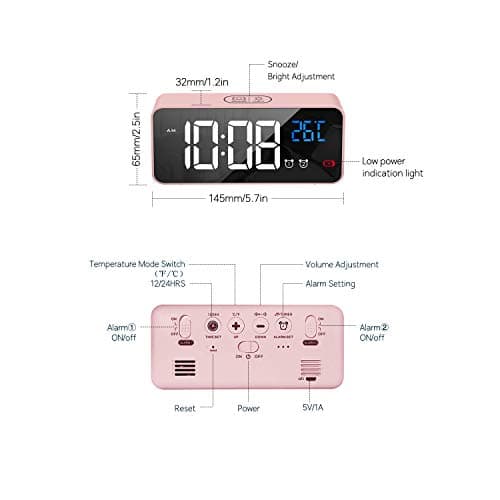 HOMVILLA Réveil Numérique avec Grand Affichage de la Température LED, Alarme de Miroir Portable avec Double Alarme Roupillon Temps Gradateur de Luminosité Réglable sur 4 Niveaux (Rose)
