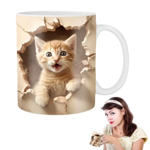 Povanjer Tasses À Café pour Chat,Tasse À Thé en Céramique pour Chat Effet 3D -Tasse De Voyage Chat Mignon Accessoire De Bureau Drôle Et Créatif pour Eau Chaude Eau Froide Café Lait