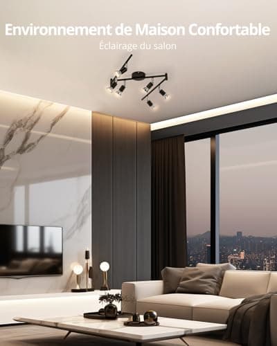 Bojim Plafonnier 6 Spots LED Orientable, Pivotants Spot Plafonnier Noir Mat, Moderne Luminaire Plafonnier pour Cuisine, Salon, Chambre, 6 x Ampoules LED GU10 incl (6W, 550lm, 2700K Blanc Chaud)