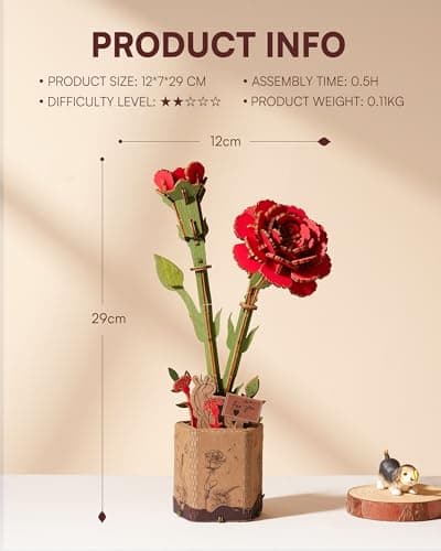 ROBOTIME Fleurs Artificielles Deco, Puzzle 3D Bois, Maquette en Bois a Construire, Construction Adulte, Cadeaux Anniversaire Femmes pour la Saint-Valentin & Décoration d'intérieur, TW052