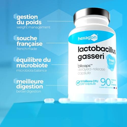 Lactobacillus Gasseri 10 Milliards UFC/Gélule - Cure Complète de +3 Mois - Probiotique Ventre Plat L-Gasseri - Soutien Digestif - FreshcareTM Fraîcheur Optimale - 90 Gélules DRcapsTM - Vegan - Hexagon