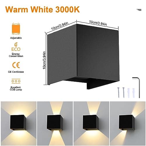 LEDMO 4 Pack Applique Murale Interieur/Exterieur Avec Angle de Faisceau Réglable 12W Appliques Murales LED 3000K Blanc Chaud NoireApplique Extérieur Etanche IP65