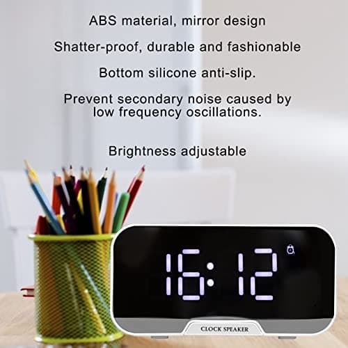 Radio-réveil avec Haut-parleurs Bluetooth pour Bureau de Chambre, Haut-Parleur de Réveil Numérique Portable avec Affichage à LED, Température du Calendrier, Luminosité Réglable(Blanche)