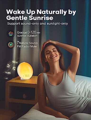 Dekala Réveil Lumineux Vollbild LED avec Bouton de Rotation, Deux Alarmes, Sons Naturels, Snooze, Radio FM, 20 Luminosités pour Ambiance Adultes et Enfants