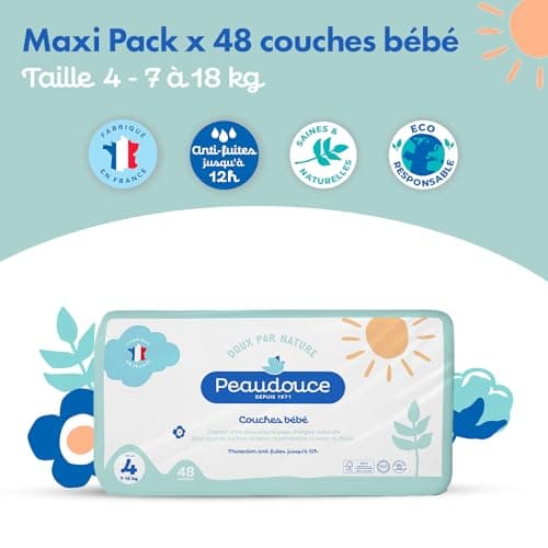 PEAUDOUCE - Sac x 48 Couches Bébé Taille 4 (7-18kg) - Ecologiques, Naturelles, Saines et Peau Douce - Fabriquées en France - Protection Anti-Fuites Jusqu'à 12 h - Non Blanchie Au Chlore
