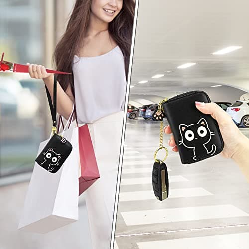 conisy Mignon Porte Cartes de Crédit en Cuir pour Femmes, Protection RFID Petit Portefeuille Fermeture Eclair avec Porte-clés (Chat Noir)