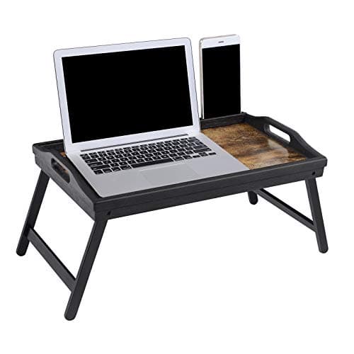 SONGMICS Table de lit avec Pieds en Bambou réglables, Support pour Ordinateur Portable, Plateau Snack Petit-déjeuner, Marron Rustique LLD106B01