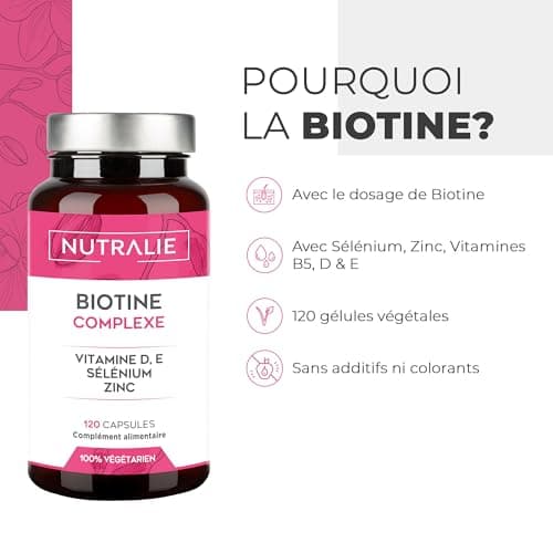 Biotine Pousse Cheveux 10.000μg - Très Rapide - GAGNANT 2022 Zinc + Selenium Vit D E - Ongles Peau - Femme Homme - Complément Alimentaire de Vitamine B8-120 Gélules Nutralie