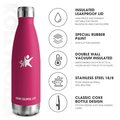 KollyKolla Gourde Isotherme, 500ml, Gourde Inox sans BPA, Bouteille d'eau Reutilisable, Etanche, Isolation Double Paroi, Bouteille Isotherme Acier Inoxydable, pour Enfant, Adulte, Sport, École, Bureau