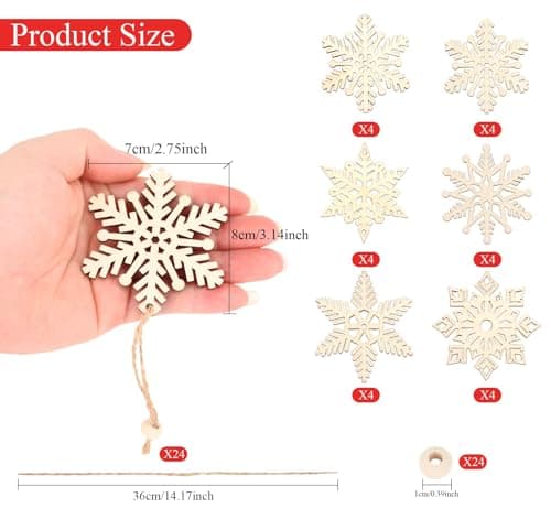 ilauke 24pcs Decoration Sapin de Noel en Bois 7x8cm,Flocons de Neige en Bois Decoration avec Boîte en Bois,6 Styles Ornements en Forme de Flocon de Neige en Bois de 3mm D'épaisseur pour Noël,Mariage