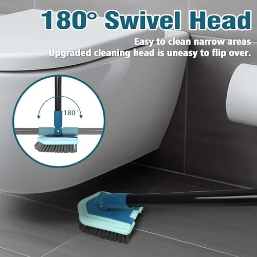 JEHONN Brosse de Nettoyage 4 en 1 avec Long Manche, Brosse à Récurer de Douche, 4 Différentes Brush pour Salle de Bain, Baignoire, Sol, Mur, Plinthe (Bleu)