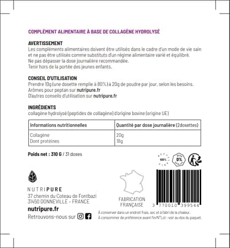 Peptides de Collagène Peptan | Complément Alimentaire Sport | Collagène, Acides Aminés, Protéine | Produit Breveté | Sans OGM ni Additifs | Sachet de 310g | 1 Mois | Made in France | Nutripure