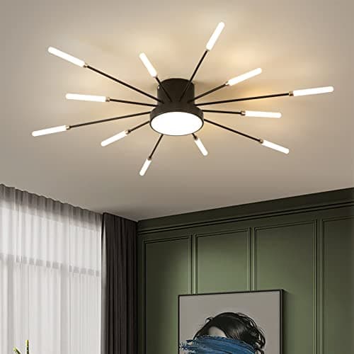 minifair Plafonnier LED moderne 12 + 1 têtes lustres noirs semi-affleurants éclairage de plafond pour chambre salon cuisine salle à manger restaurant