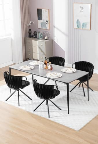 WOLTU Chaise de Salle à Manger Pivotante Lot de 4, Fauteuil Rembourré avec Dossier Tressé et Pieds en Métal, Chaise Scandinave, en Velours,Noir,EZS72sz-4