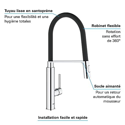 GROHE Robinet de cuisine évier Feel, Robinet avec douchette extractible, Bec en forme de U, Inverseur 2 jets, Installation et nettoyage facile, Supersteel, 31489000 (Import Allemagne)