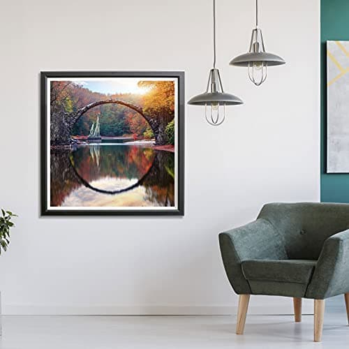 Showker 5D Kit Complet de Broderie Diamant Lac du Pont, 5D Diamond Painting Completpaysage Rond Point de Croix - Décoration Murale pour Chambre, DIY Diamond Painting Maison 35x35cm
