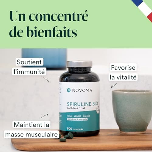 NOVOMA Spiruline 500 mg, 100% Pure Sans Excipient, Immunité & Anti-Fatigue, 19% de Phycocianine, Riche en Protéines, Minéraux & Vitamines, Conditionné en France, 500 Comprimés Vegan