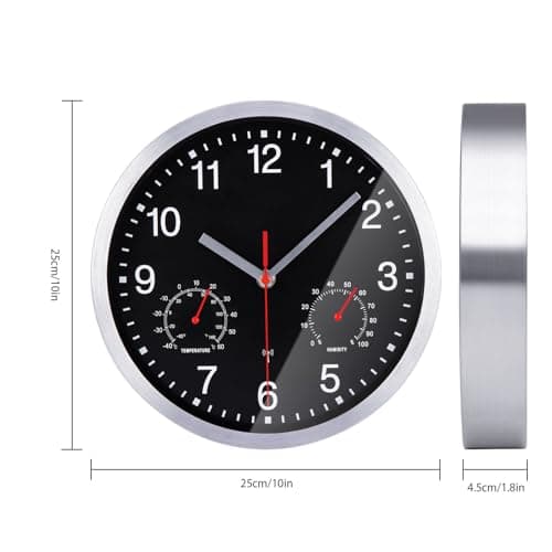 VINILITE Horloge Murale Radio Pilotée avec Thermomètre et Hygromètre Pendule Murale Silencieuse et sans Tic-Tac de 25cm pour Salon, Cuisine, Bureau, Chambre