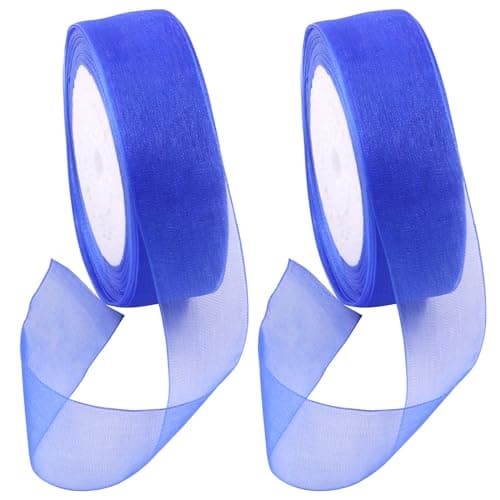 Swpeet Lot de 2 rouleaux de ruban transparent en organza transparent pour bouquets, mariage, décoration d'anniversaire et de mariage - 45,2 m x 2,5 cm - Bleu saphir