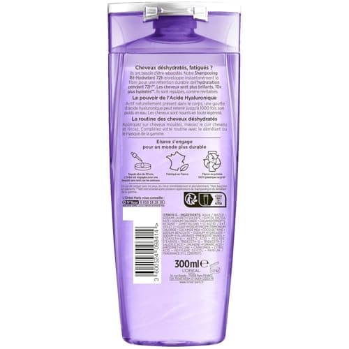 L'Oréal Paris - Shampooing Ré-Hydratant pour Cheveux Déshydratés et Fatigués - Hydratation 72H - Brillance - À l'Acide Hyaluronique - Elseve Hyaluron Repulp - 300 ml