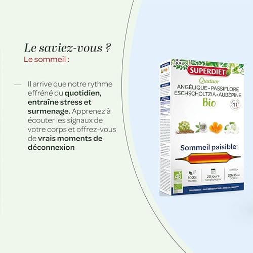 SuperDiet Quator Passiflore Aubépine Angélique Eschoscholzia 20 ampoules de 15ml soit 300ml - BIO