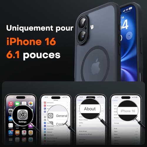 TOCOL Coque Magnétique pour iPhone 16 6,1 Pouces, Compatible avec MagSafe, Protection de l'objectif améliorée, Coque Mat Translucide Fine Antichoc, Noir
