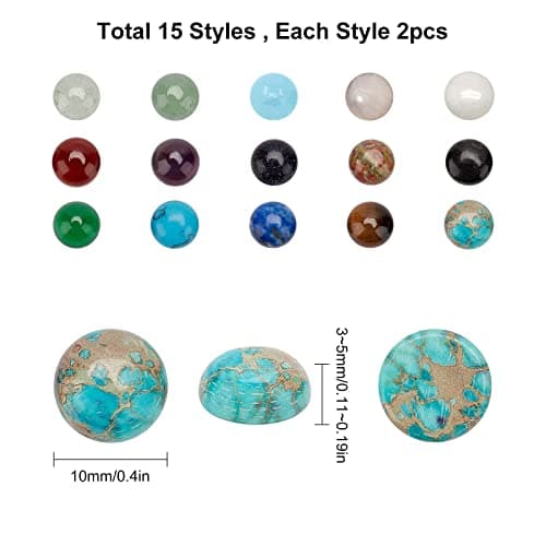SUNNYCLUE 1 Boîte 30Pcs 15 Couleurs Cabochons de Pierres Précieuses Demi-Rond Chakra Pierres Cristaux de Flatback Perles Naturel Oeil de Tigre Jade Poli pour Boucle d'oreille Collier