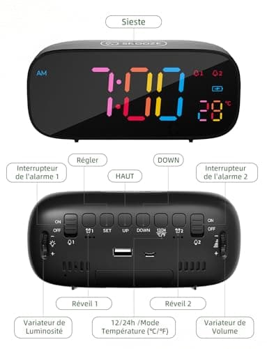 LIORQUE Réveil Numérique, Reveil a Piles LED en Couleur avec Fonction de Snooze, Reveil Digital avec Température, 0-100% Luminosité, 8 Sonneries, 2 Alarmes, 12/24H, Port de Charge USB, Noir