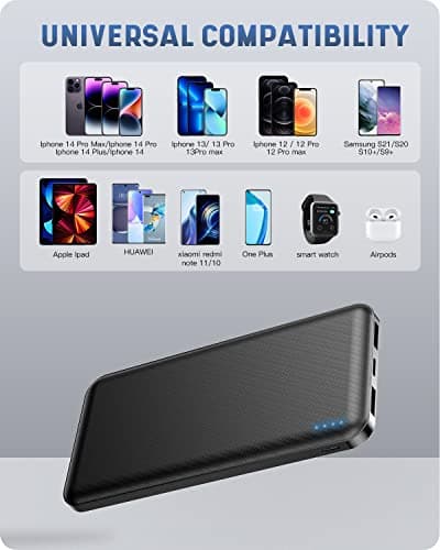 Batterie Externe, Power Bank 10000mah Ultra Mince Lumière, Batterie Externe Charge Rapide USB C Sortie/Entrée (3.0A) et 2 Ports USB Sortie, Chargeur Portable Compatible avec iphone 14 Samsung Airpods