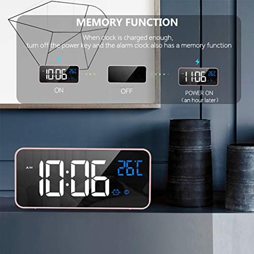 HOMVILLA Réveil Numérique avec Grand Affichage de la Température LED, Alarme de Miroir Portable avec Double Alarme Roupillon Temps Gradateur de Luminosité Réglable sur 4 Niveaux (Rose)