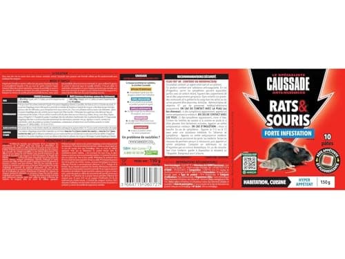 CAUSSADE Anti Rats & Souris - Forte Infestation - Lieux secs & humides - 10 Sachets pâtes Fluorescents - Prêt à l'emploi - Une Ingestion Suffit - Fabriqué en France - 150g - CARSPT150N