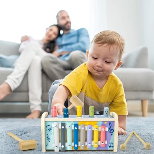 Fajiabao Jouet Bebe 1 an-Jouet Enfant 1 an Jeux Montessori 1 an Xylophone Bebe Jeux en Bois Bebe Cadeau 1 2 an Fille Garcon 3 en 1 Jeu Educatif 1 2 an Bebe avec Jeu de Taupe, Jeu Match de Numéro