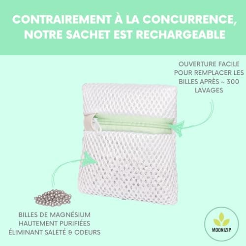 Moonizip Lessive Ecologique, Economique, Hypoallergénique - Réutilisable 300/350 fois - Sachet de billes de magnésium - Lave & remplace la lessive - Sans Détergent Sans Parfum (1 Sachet)