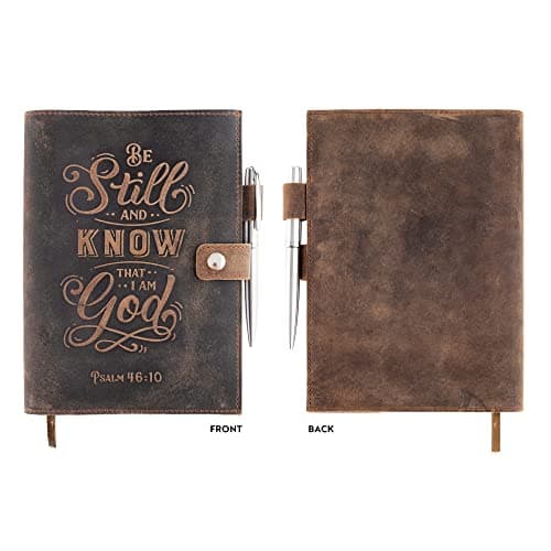 Carnet de Notes Cuir Ligné Rechargeable – Journal Intime Femme Avec Verset Biblique en Relief Psaume 46v10 – Carnet En Cuir Vintage Fait Main – 320 Pages De Papier Ligné A5 |Stylo de Luxe MOONSTER®
