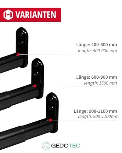 Gedotec Tringle à vêtements extensible | Barre d'armoire en métal télescopique réglable | Longueur 600-900 mm | Acier Noir Mat | Barre télescopique extensible pour garde-robe et niche | 1 Pièce