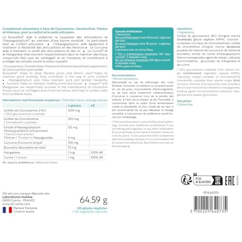 ISN - Ineldea Santé Naturelle Artrobiol Plus – Complément alimentaire à base de Glucosamine, Chondroïtine, Harpagophytum - Souplesse des Articulations - Maintien du Cartilage & Ossature - 120 Gélules