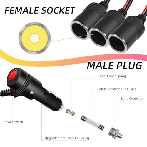 GELRHONR 1 à 3 Prise Allume Cigare Câble D'extension, Rallonge Allume Cigare 3 Prises avec interrupteur, DC 12V 24V Adaptateur Répartiteur Mâle vers Femelle avec fusible 15A, pour Moto & Bateau-30cm