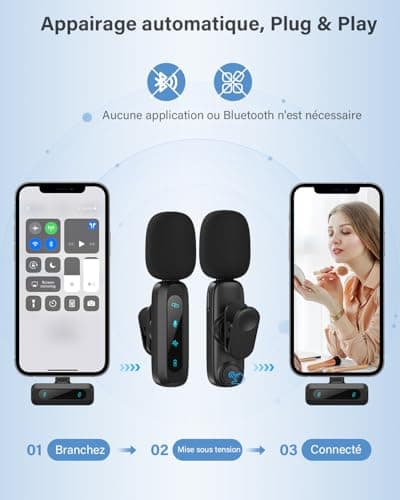 WARM BOX Microphone de Lavalier sans Fil pour iPhone,iPad,téléphone Android,2-Pack Mini Microphone avec réduction du Bruit, appairage Automatique,sourdine et réverbération pour