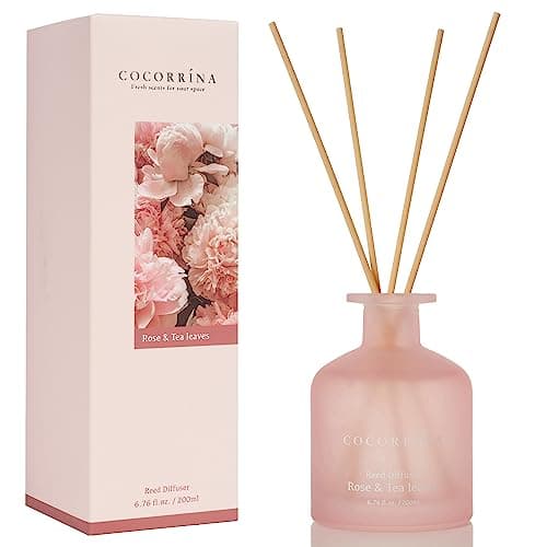 Cocorrína diffuseur de Parfum - Rose et Feuilles de thé 200ml parfums d'intérieur avec bâtonnets Diffuseur Reed d'huiles essentielles pour la Chambre à Coucher, la Salle de Bain, l'étagère et