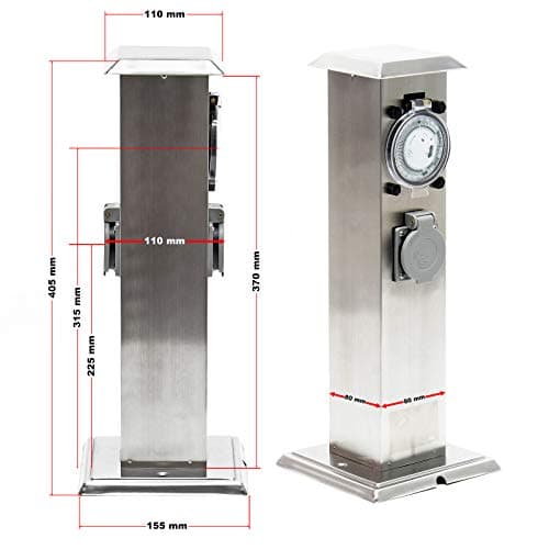 Wiltec Multiprise de jardin double – 2 prises – 155 x 155 x 405 mm – Design colonne d’énergie – en Acier affiné inox – avec Minuterie mécanique – Utilisation extérieure IP44 Outdoor