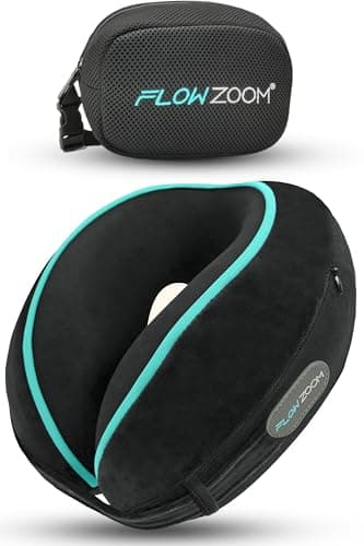 FLOWZOOM Dream Coussin de Voyage en Mousse à Mémoire pour Avion et Voiture – Oreiller de Voyage avec Côtés Rehaussés pour Un Meilleur Soutien, Housse Lavable et Pochette de Transport – Noir